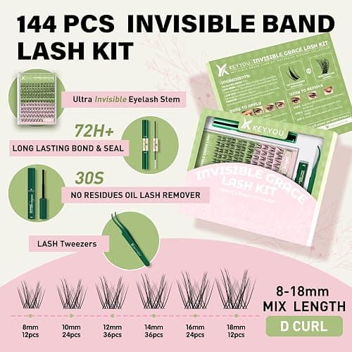 KEYYOU Angel lash Clusters Kit Lash Extension Kit D Curl 144Pcs Eyelash Extension Kit Wispy Natural Invisible Band Lash Kit with Waterproof DIY Lash Extension Kit at Home(Angel-D-8-18MIX) thumbnail 2