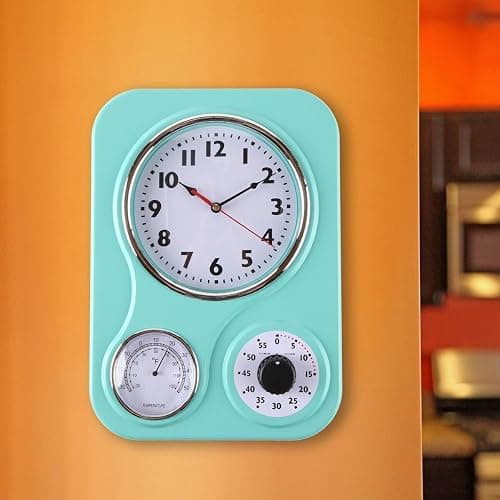 Lily's Home - 9.5 Inch x 12.5 Inch - Retro Kitchen Wall Clock, Vintage Wall Clock with a Thermometer and 60-Minute Timer, Ideal for Any Kitchen, Office, or Diner (Turquoise) thumbnail 2