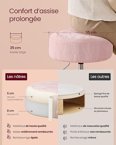 VASAGLE Tabouret de Maquillage, Réglable en Hauteur, Pivotant à 360 Degrés | Tabouret de Coiffeuse, en Cuir PU, Coussin Épais, pour Chambre, Rose bonbon, Collection ISLAND LJB120S01 thumbnail 4