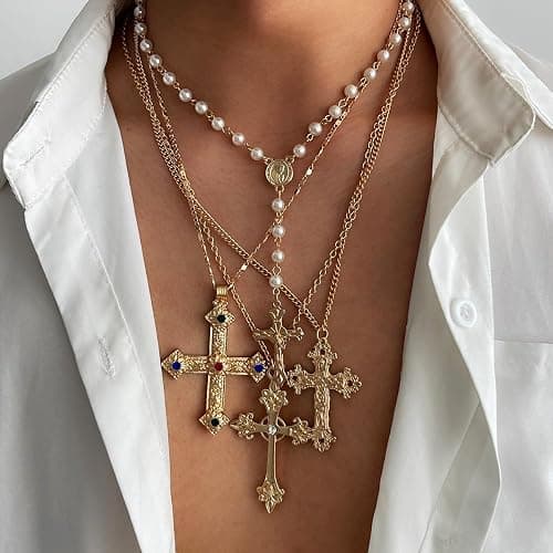 Gold Color Cross Pendant Necklace Set for Women,Dainty Big Crystal Cross Imitation pearl Layered Chain Necklace Summer Party Jewelry thumbnail 2