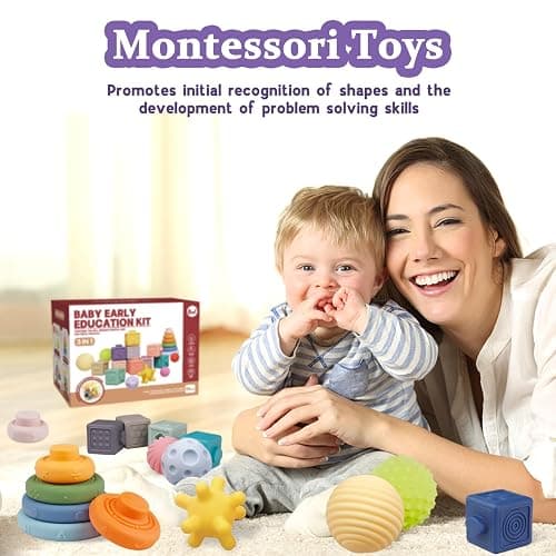Montessori Toys for Babies,Soft Stacking Building Blocks Rings Balls Sets,3 in 1 Baby Toy Bundle,Sensory Toy for 6-12 Months, Soft Teething Toys,Baby Easter Basket Birthday Gifts for Boy Girl thumbnail 4