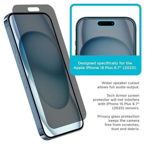 Tech Armor for Apple iPhone 15 Plus Screen Protector Privacy Glass 6.7 inch - Ballistic Tempered, Anti-Spy, Case Friendly, Easy Installation, Bubble Free, Touch Support, 1 Pack thumbnail 4