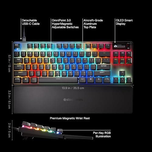 SteelSeries Apex Pro TKL Gen 3 OmniPoint 3.0 HyperMagnetic Switches — Adjustable Actuation — Rapid Trigger — Game-Ready Presets — Protection Mode — Rapid Tap/SOCD — OLED — RGB — PBT Keycaps — USB-C thumbnail 3