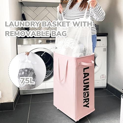 CHICVITA Slim Laundry Hamper with Wheels 75L, Collapsible Rolling Laundry Basket for Living Room, Pink Laundry Hamper for College Dorm thumbnail 5