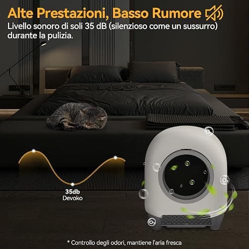 Lettiera Gatto Autopulente con APP, Lettiera Autopulente per Gatti da 90 L con Cassetto Feci da 8,5 L per Oltre una Settimana, Sistema Profumato e Sensore Radar, Adatta a Famiglie con Più Gatti. thumbnail 8