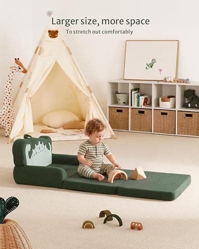Blissful Diary Kids Couch, 2-in-1 Soft Toddler Couch Fold Out, Toddler Chair Comfy, Convertible Sofa to Lounger, Kids Furniture for Playroom, Gift for Birthday, Children's Day, Green Dinosaur thumbnail 4