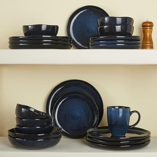 Pokini Stoneware Dinnerware Sets for 8, 32Pcs Ceramic Plates and Bowls Sets | Stoneware Dishware sets, Microwave & Dishwasher Safe, Cereal Bowls and Dinner Plates Set, Stackable Dishes Set, Starry Blue thumbnail 7