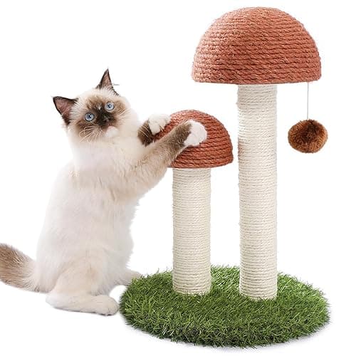 PETEPELA Cat Scratching Post, Mushroom Tall Cat Scratcher Featuring with Natural Sisal Scratching Poles and Interactive Toy Ball for Kittens and Small Cats (Brown) - Image 1
