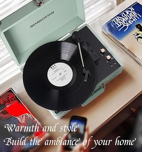 MANGOSTAN Record Player 3 Speed Bluetooth Portable Suitcase, Vinyl Phonograph with Built-in Bass & Speakers, Belt-Driven LP Player Support AUX-in RCA Line Out Headphone Jack, Green thumbnail 9