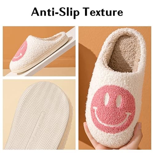 Bevaney Smile Face Slippers for Women - Soft Plush Retro Preppy Slip-on Comfortable Indoor/Outdoor Shoes - 3.5-4.5 Women/3-4 Men - Pink thumbnail 5