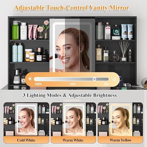 47'' W Large Vanity Desk with Mirror and Lights, 8 Storage Shelves 7 Drawers Vanity Table, Big Makeup Vanity Desk with 3 Lighting Modes, Vanity Dresser with Charging Station, Sliding Mirror (Black) thumbnail 6
