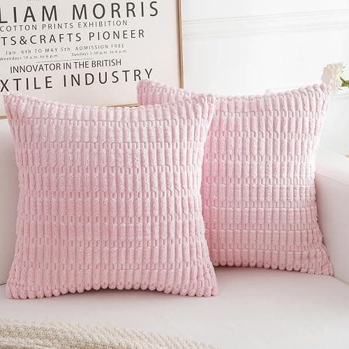 HERAYLI Corduroy Decorative Throw Pillow Covers, Boho Stripe Soft Square Cushion Case Home Decor for Living Room Couch Bed Sofa, Set of 2 Pack, Pink, 18x18 Inch - Image 1