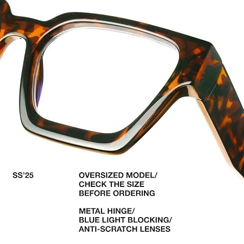 livho Oversized up to 99% Blue Light Blocking Glasses for Woman - Rectangle Fashion Glasses for Computer, Chic Preppy Frame - Chunky - *Coco Tortoise thumbnail 3