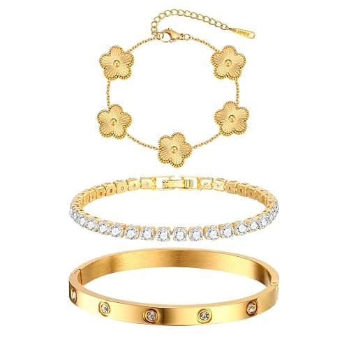 Womens Stackable Floral Gold Bracelets - 3Pcs 18K Gold Plated Bracelet,Stainless Steel Bangle Bracelets Non Tarnish, Gold Bracelet Set Trendy Jewelry,Christmas Valentines Birthday Gifts for Girlfriend - Image 1