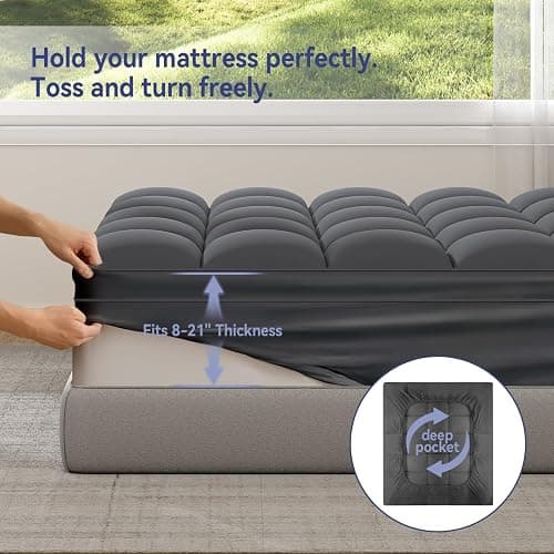 ELEMUSE King Grey Mattress Topper for Back Pain, Extra Thick Mattress Pad Cover, Plush Soft Pillowtop with Elastic Deep Pocket, Overfilled Down Alternative Filling thumbnail 4