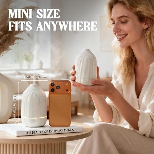 Essential Oil Diffuser, 100ml Aromatherapy Diffuser, Mini Ultrasonic Diffuser for Essential Oil, Home, Office, Cool Mist Humidifier with 7 Led Light, Auto Shut-Off, White thumbnail 2