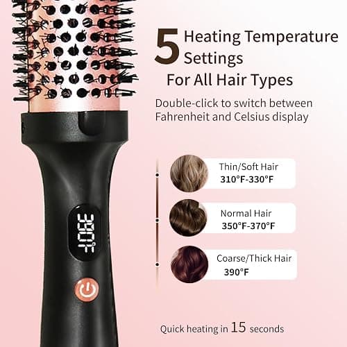 Thermal Brush, Heated Round Brush, Negative lon Heated Curling Brush 1.5 Inch, 3 Temp Settings,15s Heating, Dual Voltage Rose Gold Update Ceramic Tourmaline thumbnail 4