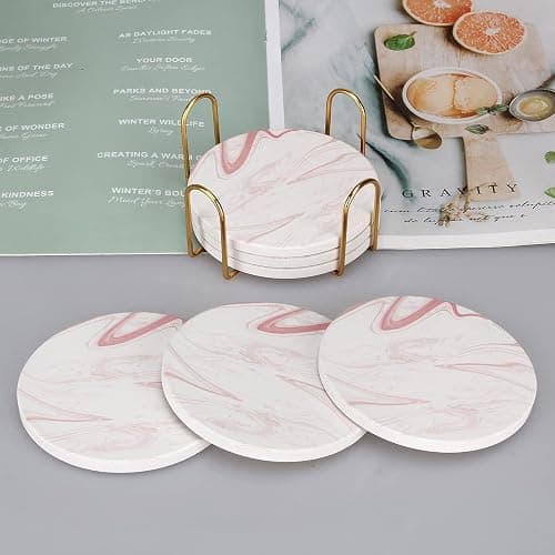 Cute Pink Marble Coasters for Desk Coffee Bar Table Kitchen Decor Set of 6 | Absorbent Ceramic Cup Coaster with Holder Pretty Stone Coster Drink Funny Aesthetic Girly Living Room Decor Quartz Coasters thumbnail 4