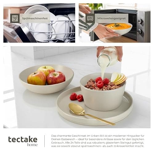 tectake® 24-tlg. Geschirrset, Tafelservice 6 Personen, Steingut Geschirr Set, Teller Set mit Schalen, Speiseteller, Frühstücksteller, tiefe Teller und Schüsseln - taupe thumbnail 7