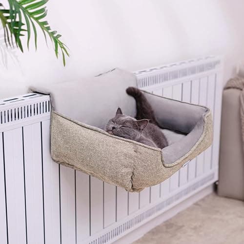 Happi N Pets Grand lit pour Chat avec radiateur, perchoir Chauffant pour Grand Chat avec Housse en Peluche Lavable, Crochets métalliques réglables, hamac Confortable, Beige thumbnail 2