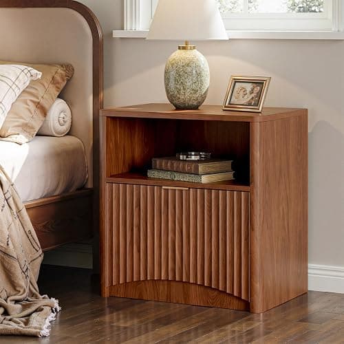 Evermagin Fluted Nightstand Set of 2, Walnut Bedside Table with Drawer and Storage, Wood End Table Mid Century Modern, Large Night Stand for Bedroom thumbnail 4