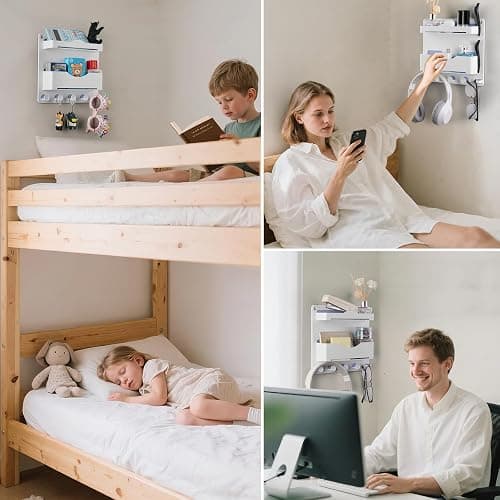 JUMEIHUI Bedside Wall Shelf with Glasses Hooks ，Adhesive Bedside Organizer Wall Mount for Dorm and Room Accessories Phone，Remote，Earphone， Kindle (White) thumbnail 7