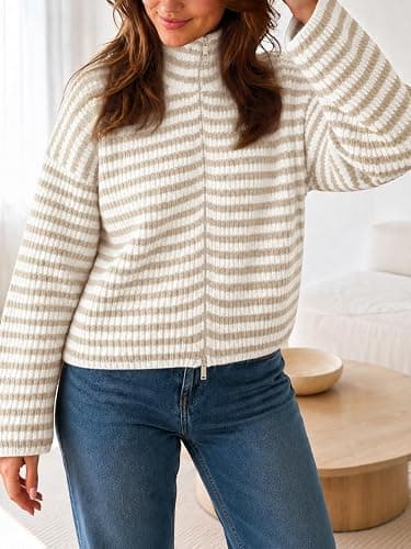 Saodimallsu Womens Striped Zip Up Sweaters Mock Neck 2026 Fall Trendy Casual Long Sleeve Loose Fit Knit Cardigan Tops thumbnail 3