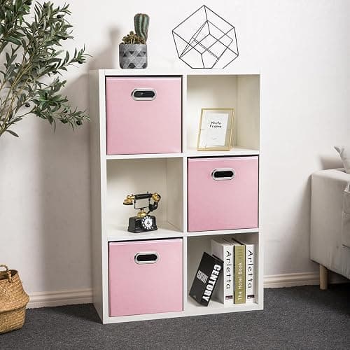 PRANDOM Leather Foldable Cube Storage Bins 11x11 inch [4-Pack] Fabric Storage Baskets Cubes Drawer with Cotton Handles Organizer for Shelves Nursery Closet Bedroom Clothes Pink thumbnail 2