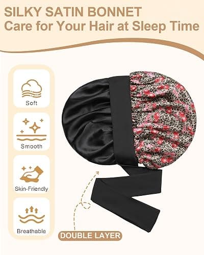 AWAYTR Double Layer Satin Bonnet for Women, Reversible Sleep Hair Wrap | Soft Satin Sleep Cap for Curly Hair, Anti-Frizz & Moisture Retention, Secure Elastic Tie Band for Daily Night Care thumbnail 4