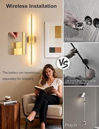 Battery Operated Wall Sconces Set of 2, 10000mAh Rechargeable Wall Lights with Remote, 360° Rotate 3000K-6000K LED Wireless Wall Light Fixtures Decor for Bedroom Living Room Hallway Picture Lighting thumbnail 3