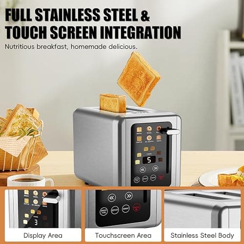 WHALL Touch Screen Toaster 2 Slice,Smart Digital Toaster with 1.5" Wide Slots,6 Shade Settings & 6 Bread Types,Memory Function,Countdown Timer,Brushed Stainless,Ideal Kitchen Gift & Essential thumbnail 7