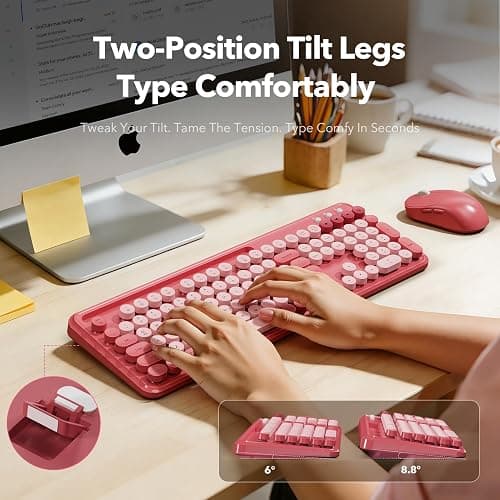 Wireless Keyboard and Mouse Combo with Phone/Tablet Holder, Cute Full-Size Typewriter-Style Keyboard, Retro Round Keycaps, 3-Level DPI Mouse, 2.4GHz Cordless Connection for Windows/PC/Laptop (Pink) thumbnail 4