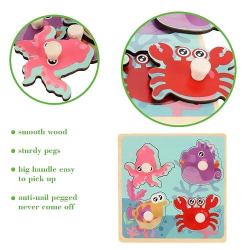 Wooden Peg Puzzles for Toddlers 1-3, Kids' Educational Preschool Peg Puzzle Toy, Set of 4 Toddler Puzzles - Farm, Dinosaur, Fruit and Marine Animals, Ideal Gift for Ages 1 2 3 Boys and Girls - Style a thumbnail 2