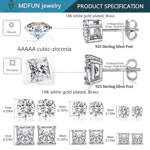 MDFUN 6 Pairs Stud Earrings Set 3mm/5mm/7mm Princess & Round Cubic Zirconia Earrings Hypoallergenic 316L Surgical Stainless Steel CZ Earrings for Women Men thumbnail 6