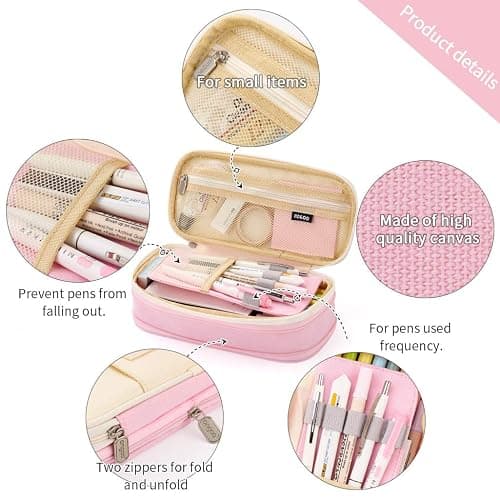 EASTHILL Big Capacity Pencil Pen Case Office College School Large Storage High Capacity Bag Pouch Holder Box Organizer Blue (Pink) - Pink thumbnail 3