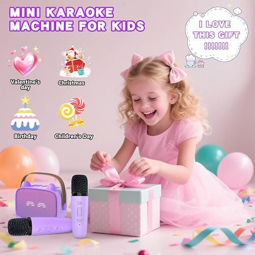 Mgaolo Upgraded Mini Karaoke Machine Toy for Kids, Portable Bluetooth Speaker with 2 Wireless Mics, Emoji & Colorful LED Lights, Home Travel & Party Play Gifts for Boys Girls (Purple) thumbnail 6