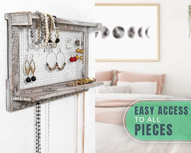 Comfify Rustic Jewelry Organizer – Wall Mounted Jewelry Holder w/Removable Bracelet Rod, Shelf & 16 Hooks – Perfect Earrings, Necklaces & Bracelets Holder – Rustic White thumbnail 5