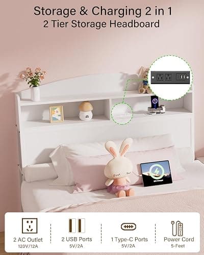 Wooden Twin Bed Frame with Smart Storage Headboard & Drawer, 3-in-1 USB Charging Station, No Box Spring Required, Non-Slip Design, Perfect for Kids, Teens, or Guest Room (No Door White, Twin) thumbnail 4