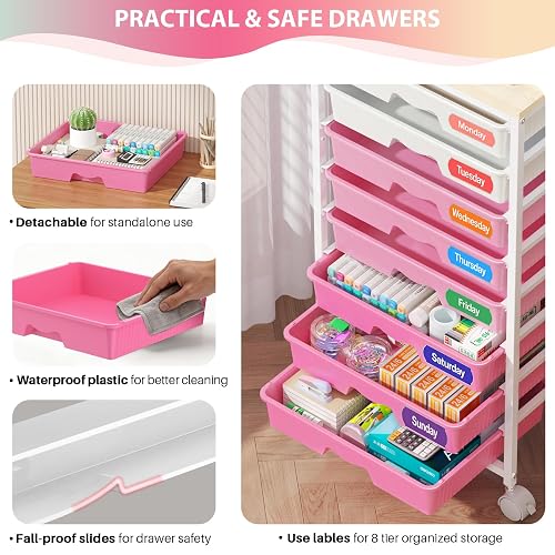 Goovilla Rolling Cart with Drawers, Utility Cart Organizer With 8 Removable Drawers and Wooden Tabletop, Lockable Rolling Storage Organizer for Art, Classroom, Home, Dorm, Office, Craft Storage, Pink thumbnail 3