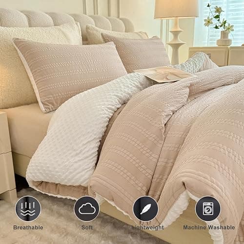 tohrisa Boho Comforter Set Queen Size Striped Pleats Bohemian Seersucker Bedding Set All Season Soft Cozy 3 Pieces Quilt with 2 Pillowcases(90"X90" Beige) thumbnail 4