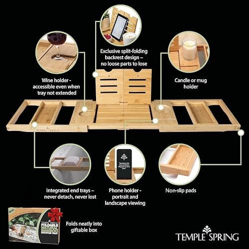 Temple Spring Foldable Bamboo Bathtub Tray Caddy for Tub — Expandable One-Piece Wood Bath Table with Wine Holder Book Stand and Non-Slip Pads — Space-Saving Bath Caddy — Housewarming thumbnail 5