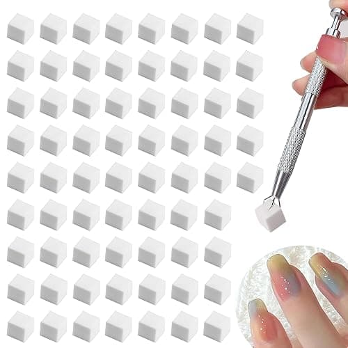100PCS Nail Sponges for Ombre with Pick Up Pen – Ombre Nail Sponge Tool for Gel Polish Korean Nail Supplies for Ombre Nails Art Tools - Mini Sponges for DIY Manicure Gradient Designs (White) - Image 1