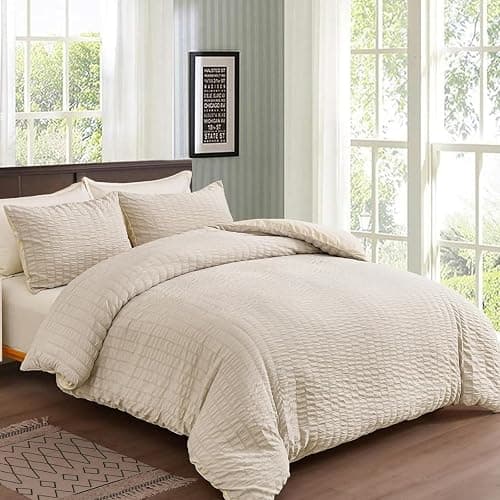 Beige Seersucker Duvet Cover Double Size Puckering Seersucker Bedding Set,2 Pillowcases and Zipper Closure,Soft Microfiber,200x200 cm thumbnail 2