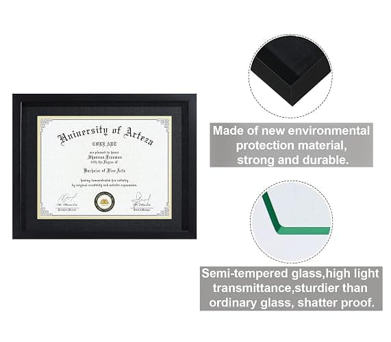 CORE ART 11x14 Diploma Frame Display Certificates 8.5 x 11 with Mat or 11 x 14 without Mat, College Degree Frame with Real Glass, Wall and Tabletop Display(Black) thumbnail 5