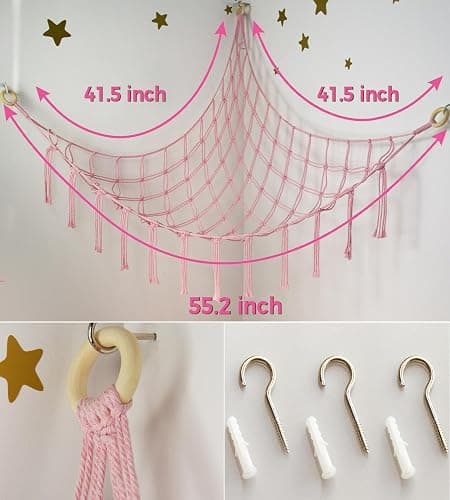 Stuffed Animal Storage Hammock Corner Net - Pink Room Christmas Decor for Teen Girls - Toys Storage Hanging Stuff Animal Organizer Holder Cute Stuff - Boho Nursery Dorm Bedoom Decor Aesthetic thumbnail 5