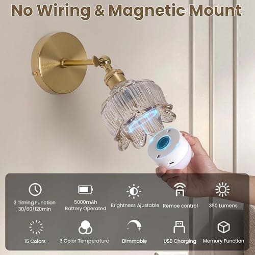 Vintage Battery Operated Wall Sconces: Set of 2 Rechargeable Wireless Decor | 5000mAh Cordless Dimmable Lights Remote Control, Antique Brass Powered Sconce, Cognac Flower Glass Light for Bedroom Bedside thumbnail 6