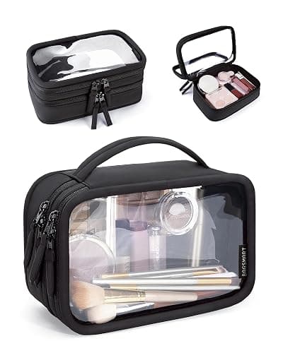 BAGSMART Double Layer Clear Makeup Bag, TSA-Approved Toiletry Bag, Large Opening with Handle, Cute Water-Resistant Travel Cosmetic Bag with Double Zipper for Car Essentials(Black) - Image 1