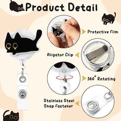 Eartim Cute Black Cat Funny Badge Reel - 9Pcs Lovely Animal Acrylic Retractable ID Badge with Metal Clip Name Tag Holder for Nurse Cat Lover Office Staff Student Birthday Gift Halloween Party Supplies thumbnail 4