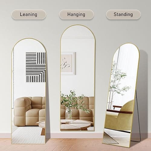 DUMOS Arched Full Length Mirror with Stand 64"x21" Floor Standing Aluminum Frame for Bedroom Body Hanging Leaning Modern Simple Home Decor Shatter-proorf Nano Glass Wall Living Room Cloakroom Gold - Gold-arched - 64"L x 21"W thumbnail 4