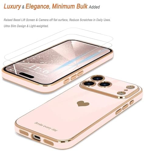 Teageo for iPhone 17 Pro Case with Screen Protector [2 Pack] Girl Women Cute Girly Love-Heart Luxury Gold Soft Cover Camera Protection Shockproof Phone Case for iPhone 17 Pro, Light Pink thumbnail 3